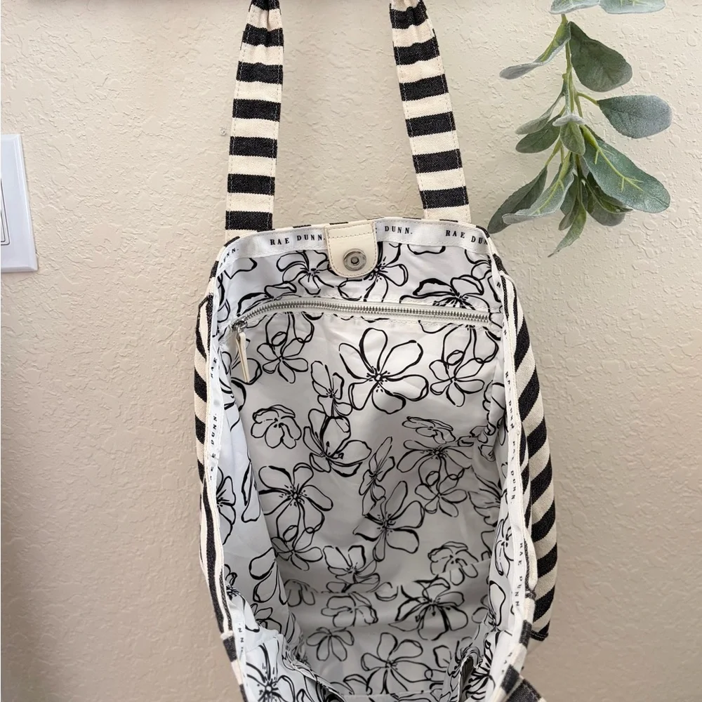 Rae Dunn Black White Striped Canvas Tote Bag, Farmhouse Shoulder Bag